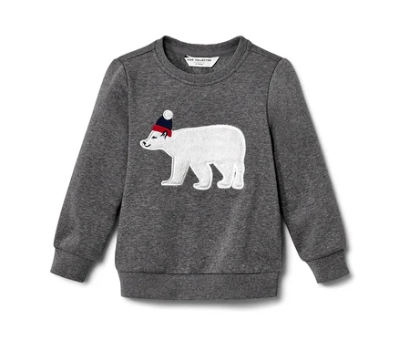 Grauer Kinder-Sweater mit Eisbär-Applikation mit roter Mütze.