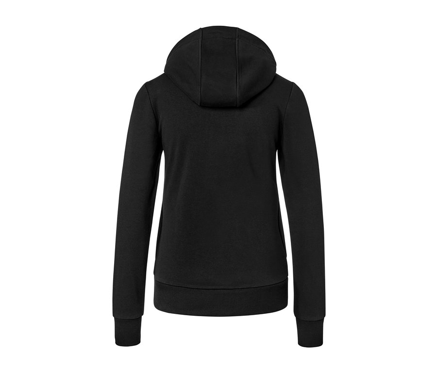 Detailansicht der Rückseite einer schwarzen Sweatjacke.