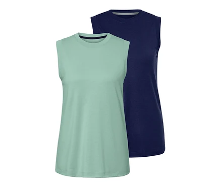 Zwei Sporttops, grün und lila.