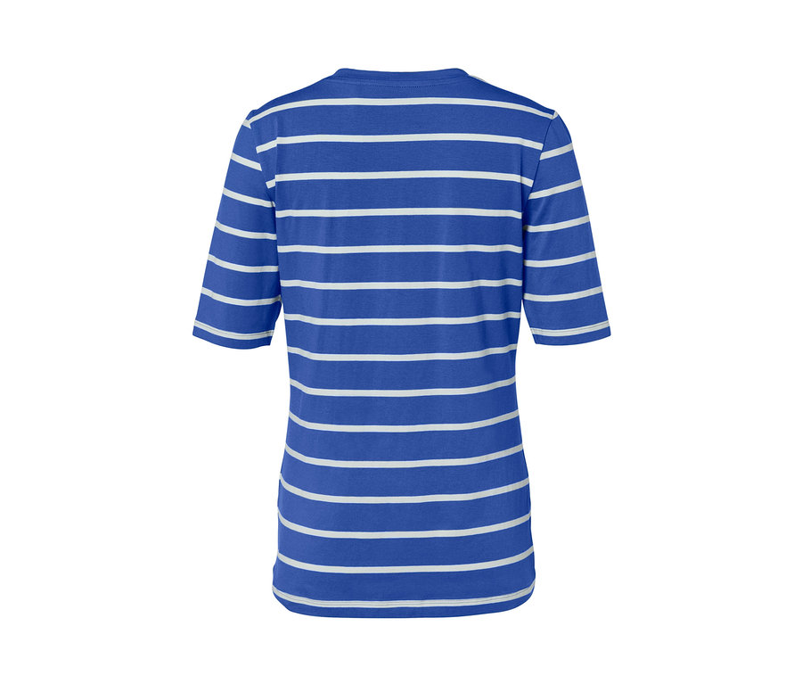 Rückansicht eines gestreiften Halbarmshirts in Blau und Weiß.