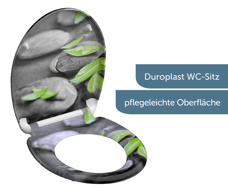 Geöffneter Duroplast WC-Sitz Stone mit Stein- und Blattmotiv.