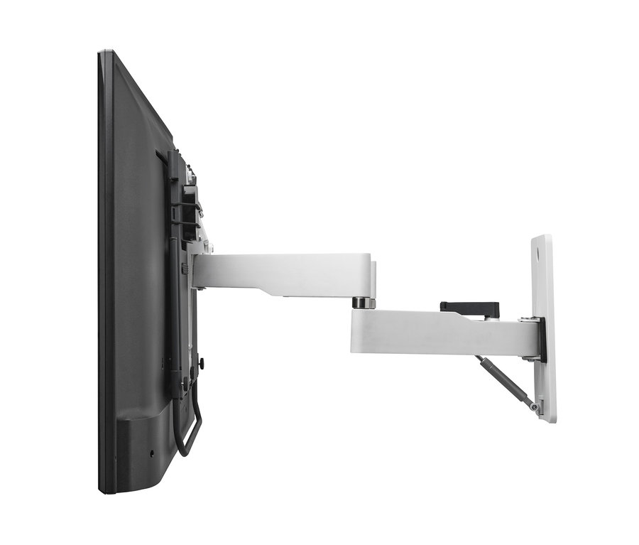 Ein schwarzer Fernseher ist an einer weißen Wandhalterung montiert. Die ONE FOR ALL Wandhalterung »WM6482 FLUX 2.0«, 32"–77" ist sichtbar.