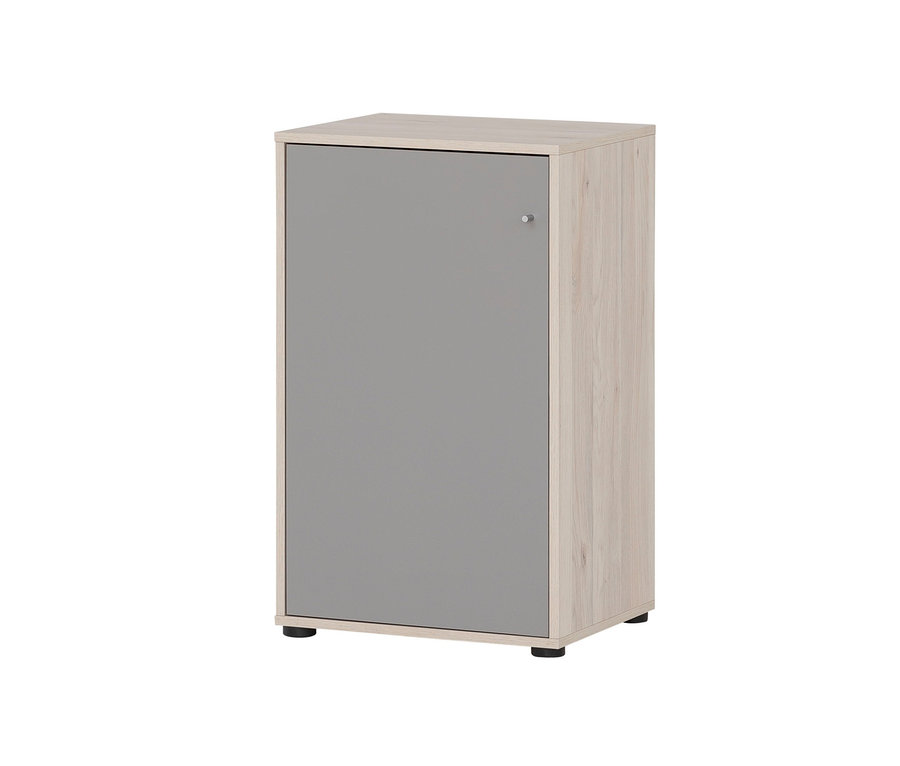 Ein Aktenschrank mit grauer Tür und hellem Holzdekor.