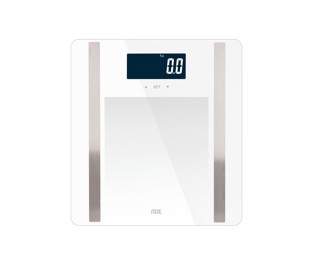 Weisse ADE digitale Personenwaage mit ADE Schriftzug im unteren Bereich.