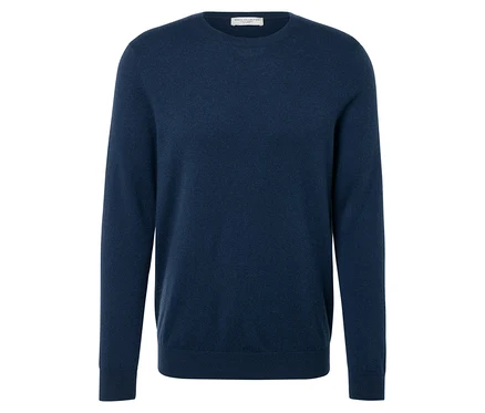 Dunkelblauer Pullover mit langen Ärmeln.