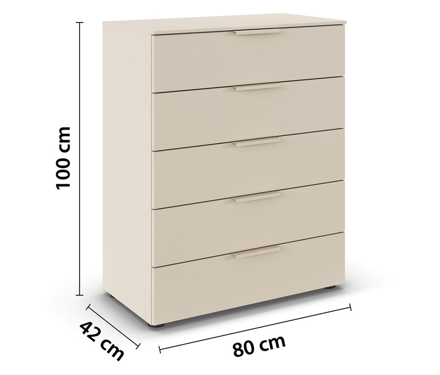 Beige Kommode mit fünf Schubladen und den Maßen 100 cm Höhe, 42 cm Tiefe und 80 cm Breite.