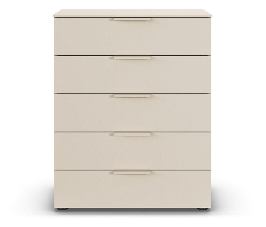 Cremefarbene Kommode mit fünf Schubladen.