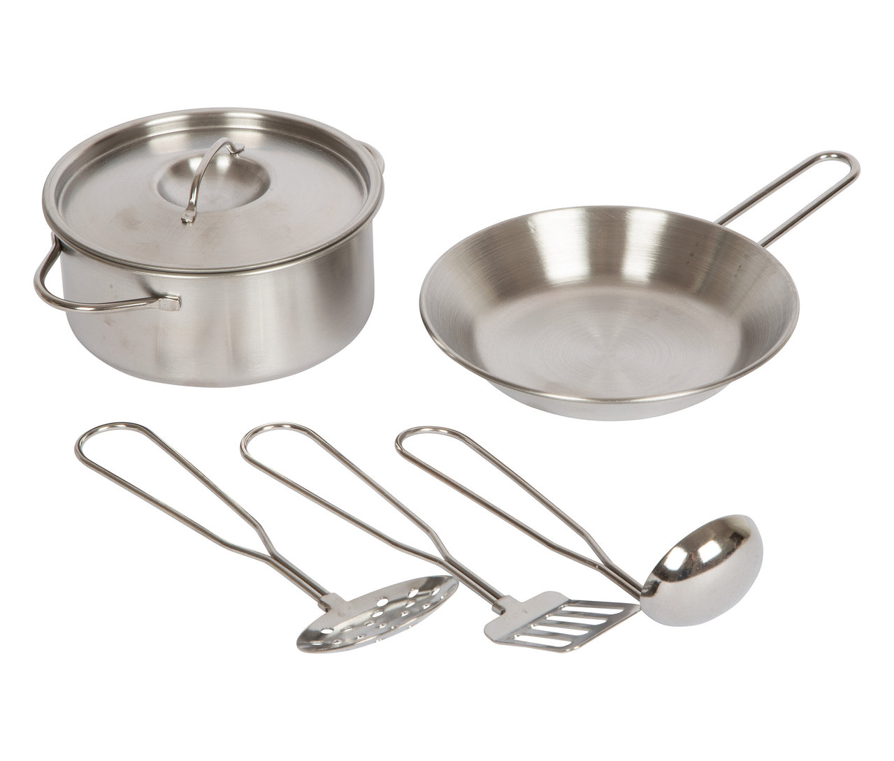 Silbernes Topfset mit Deckel, Pfanne, Schöpfkelle, Lochlöffel und Pfannenwender.
