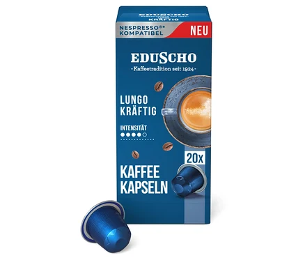 Packung Eduscho Lungo Kräftig - 100 Kapseln und eine Kapsel.