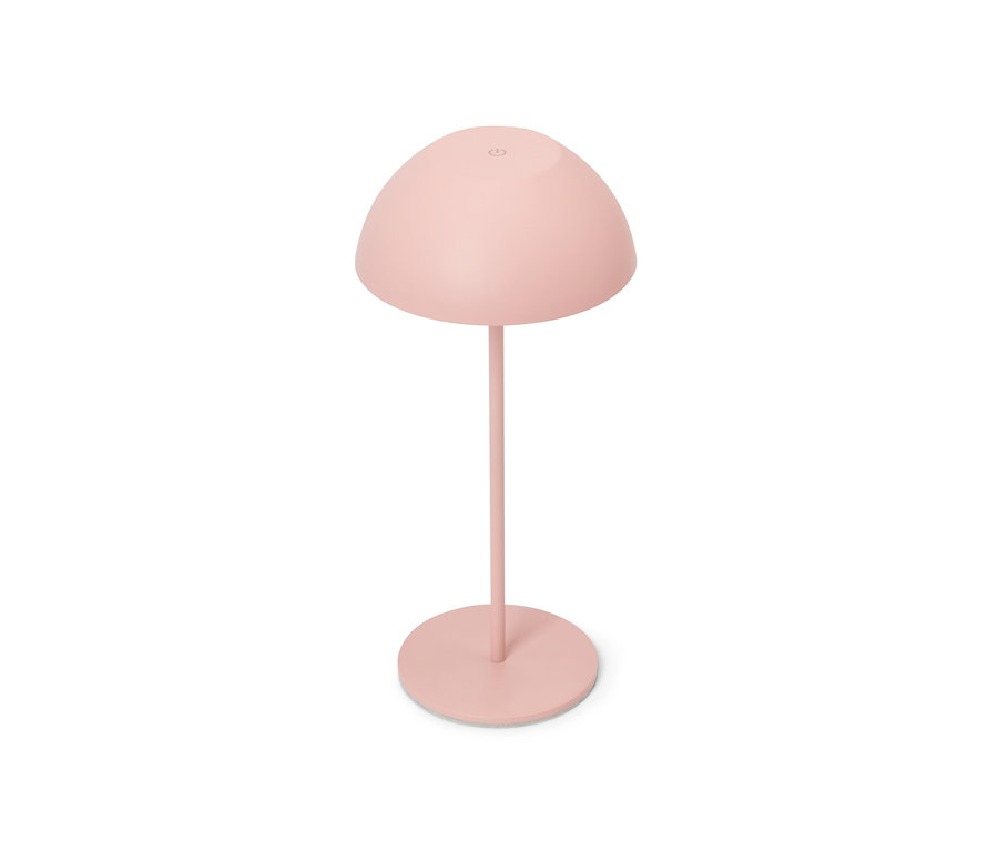 Eine rosa LED-Akku-Tischleuchte auf weißem Hintergrund.
