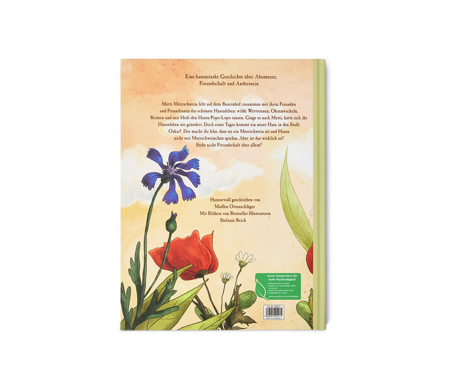 Illustration des Buches »Metti Meerschwein« mit Blumen im Vordergrund.