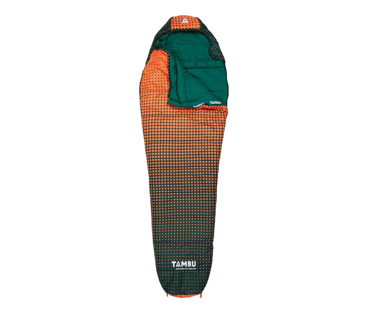 Tambu Mumienschlafsack »KARA 1000« mit orangefarbenen Punkten auf grünem Hintergrund.