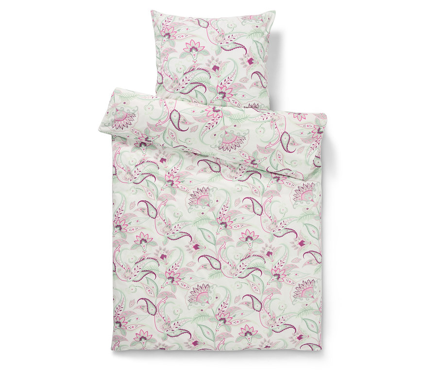 Weiße Renforcé-Bettwäsche mit Paisley-Muster.