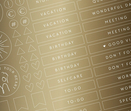 Aufkleber mit Aufschriften wie Geburtstag, Urlaub und Selbstpflege. Sticker-Set »Wish«.