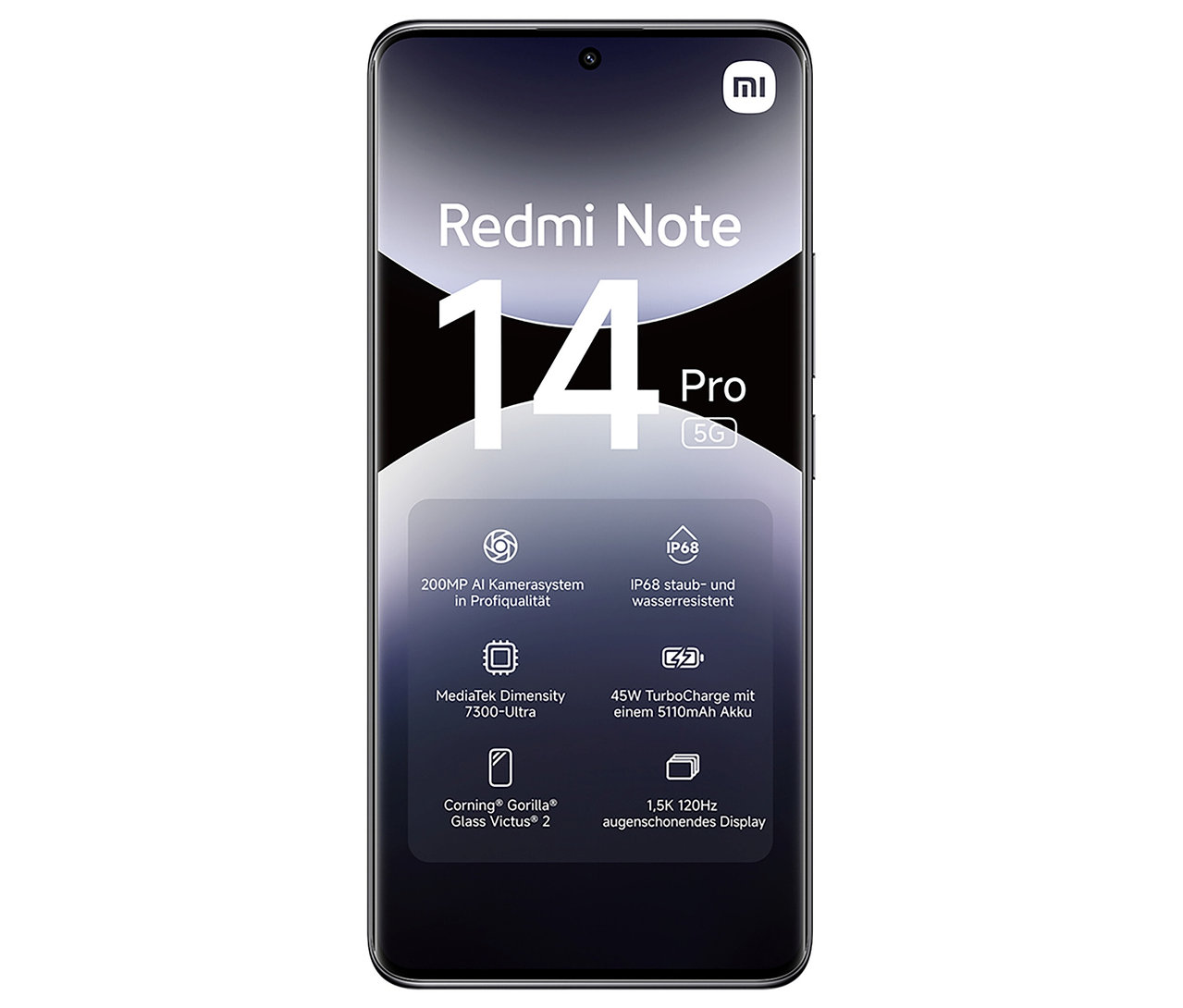 Schwarzes Xiaomi Redmi Note 14 Pro 5G Smartphone mit Funktionsbeschreibung auf dem Display.