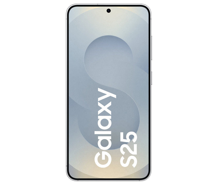 Silbernes Samsung Galaxy S25 5G Smartphone mit Galaxy S25 Schriftzug auf dem Display.