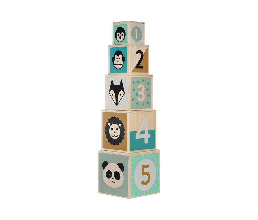 Holz-Stapelturm mit den Zahlen 1 bis 5 und Tierbildern.