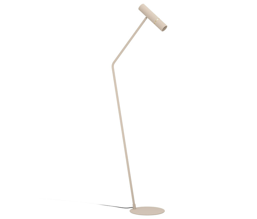 Beige Stehlampe mit rundem Fuß und zylinderförmigem Lampenschirm.