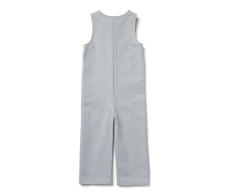 Kinder-Web-Latzhose mit blauen und weißen Streifen.
