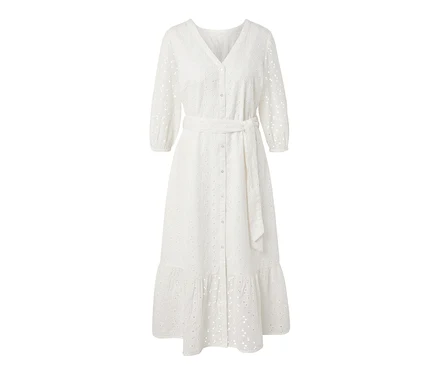 Weisses Blusenkleid mit Lochstickerei, Knopfleiste und Gürtel.
