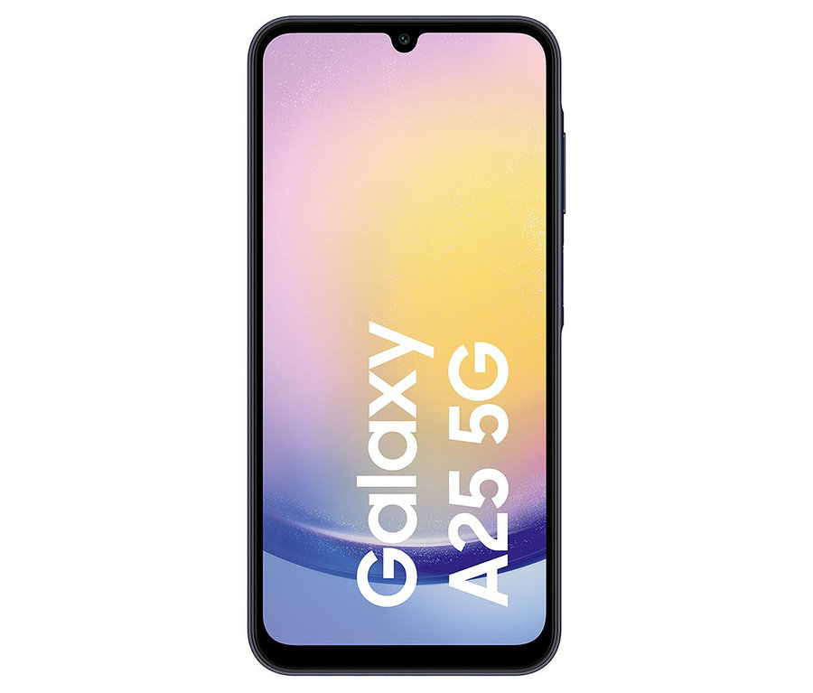 Frontansicht eines blau-schwarzen Samsung Galaxy A25 5G Smartphones.