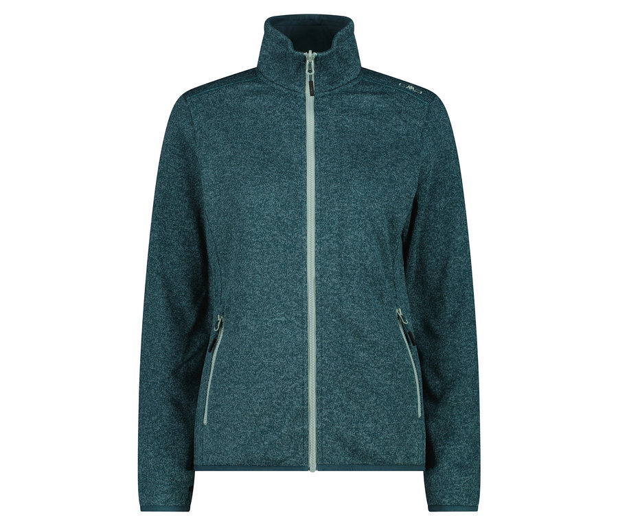 Blaue Fleecejacke mit Reißverschluss und Taschen.