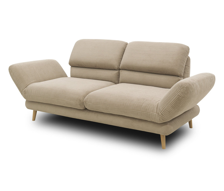 Ein beiges DOMO 2-Sitzer-Sofa »FuAR« mit Drehfunktion.