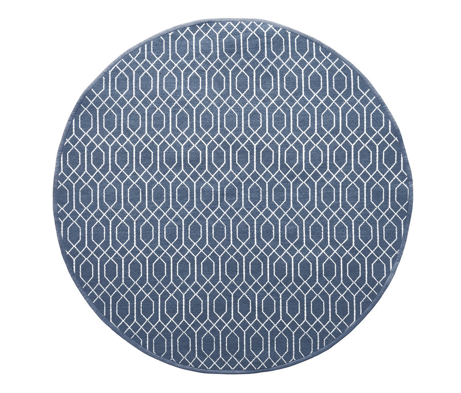 Blauer runder Outdoor-Wendeteppich mit weißem geometrischen Muster.