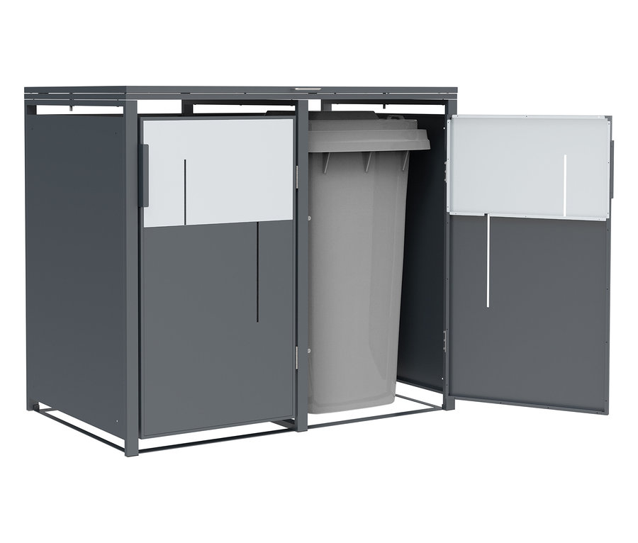 Ein grauer Mülltonnencontainer mit zwei Türen, eine geschlossen und eine offen, mit einer grauen Mülltonne darin.