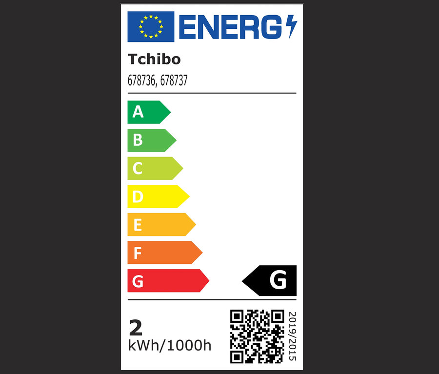 Tchibo Energieetikett für Boden-Lichterkette mit Energieeffizienzklassen A bis G.