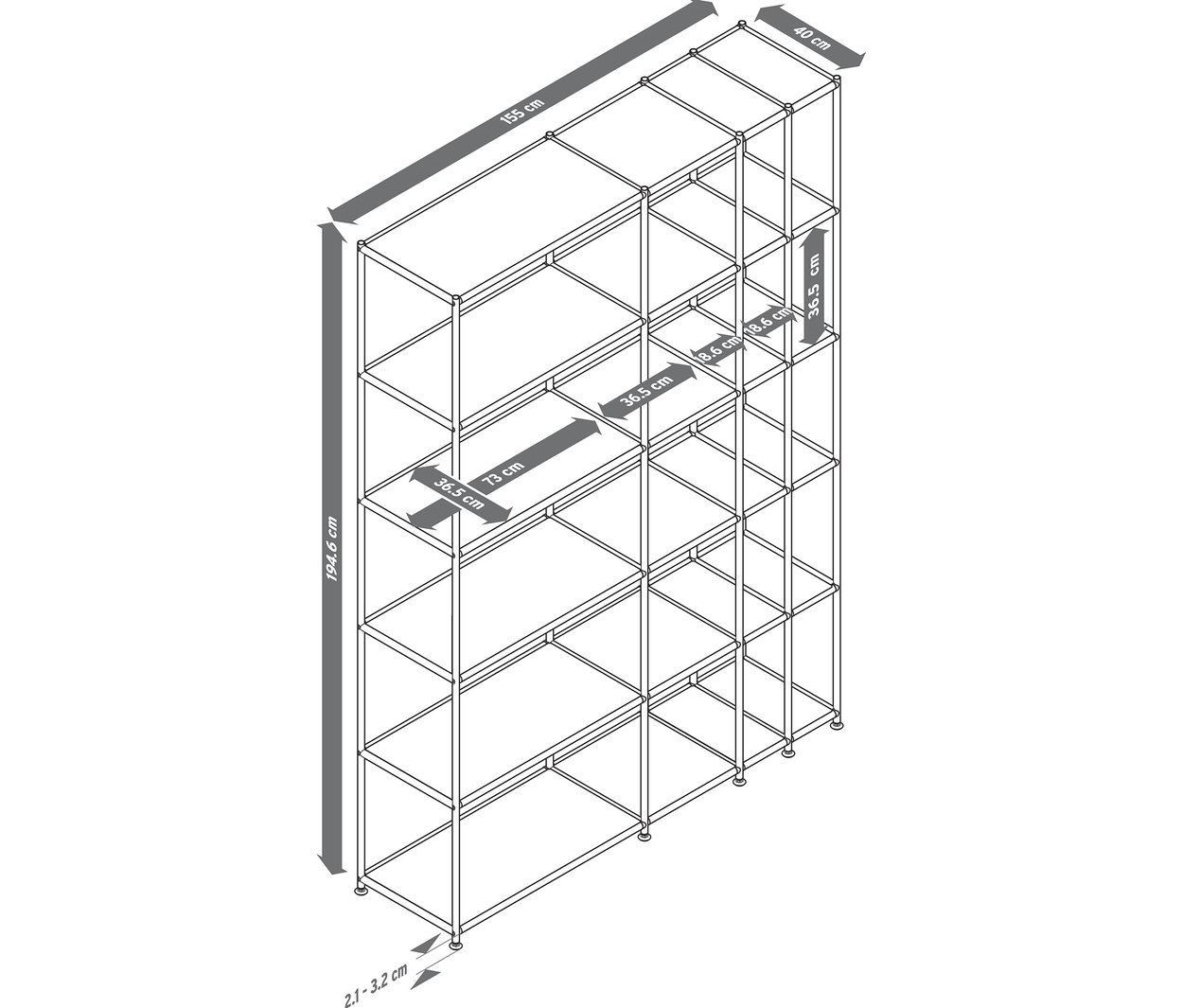Skizze von einem weißen offenen Regal Metall »CN3« mit Abmessungen.