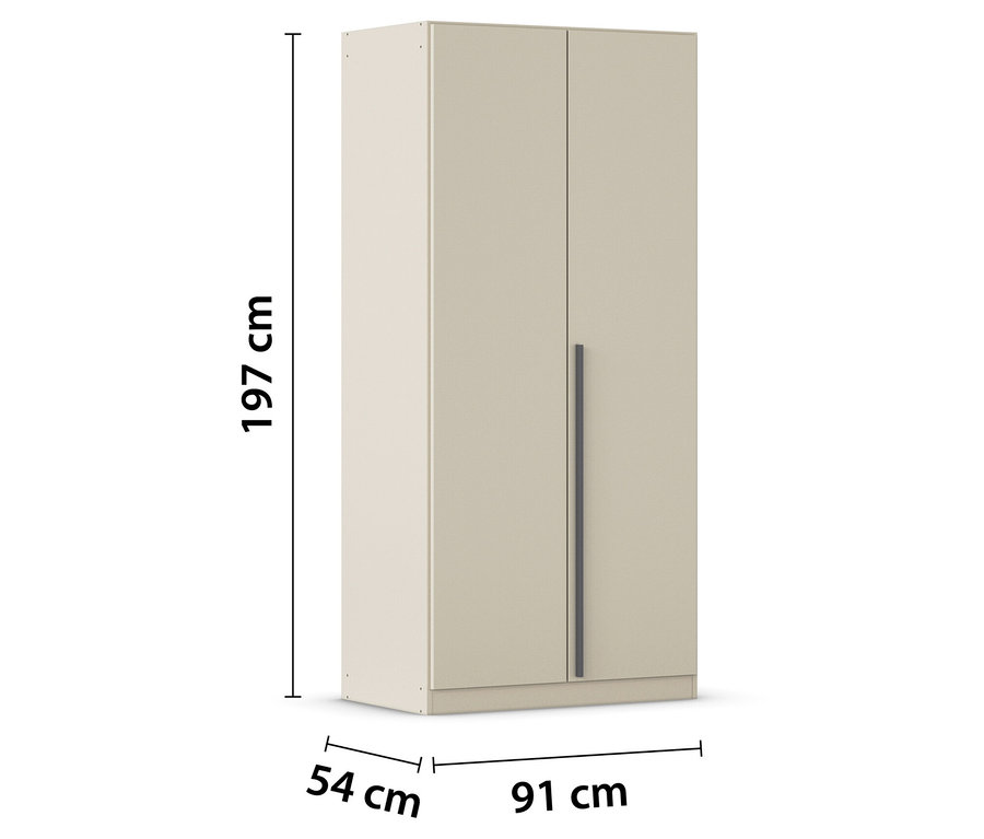 Beiger Schrank mit den Maßen 197 cm hoch, 91 cm breit und 54 cm tief.