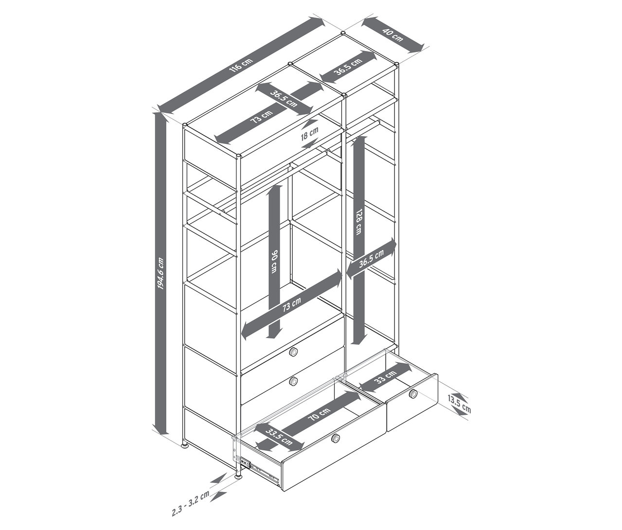 Drahtmodell eines offenen Schranks mit Regalen und Schubladen mit Maßangaben.