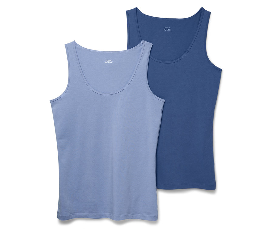Zwei Damen Tanktops, eines hellblau und eines dunkelblau.