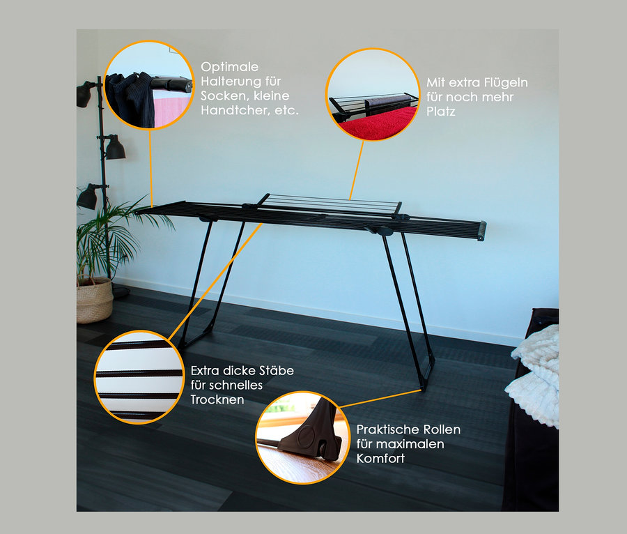 Schwarzer Teleskop-Wäscheständer »Ultra« steht im Raum.