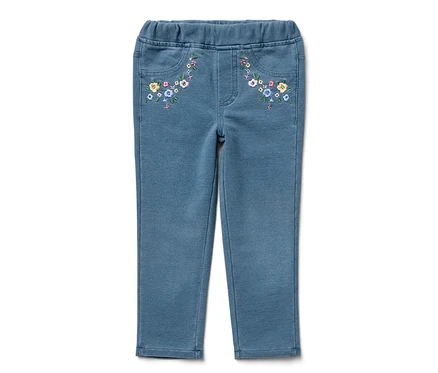 Blaue Kinder-Jeggings – Fit »Mia« mit Blumenstickerei auf den Taschen.