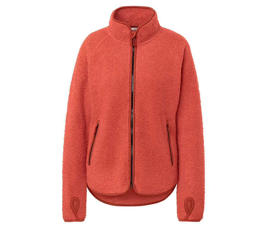 Orangefarbene Fleecejacke mit Reißverschluss und Taschen.