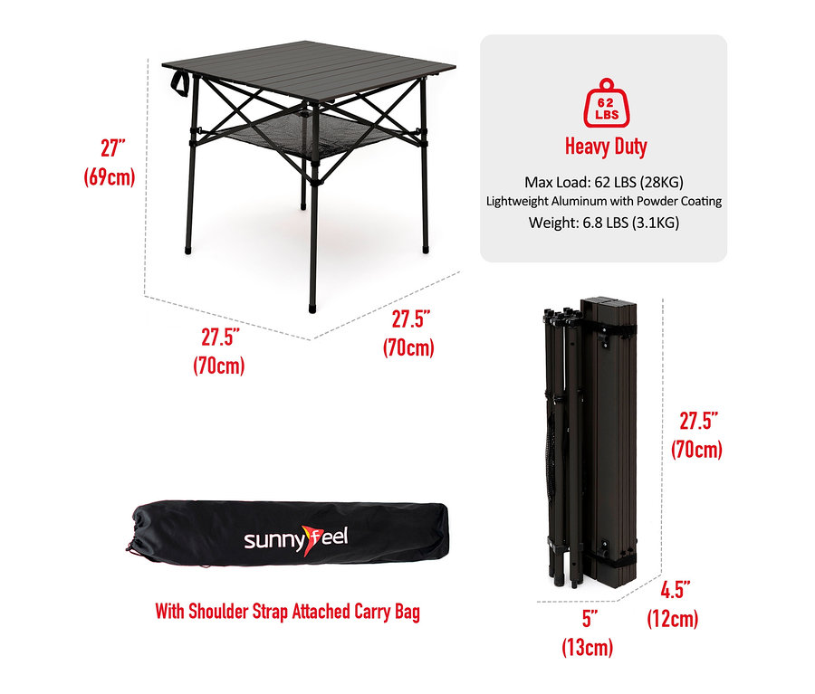 Ein aufgebauter anthrazitfarbener Camping-Alu-Klapptisch mit Netz und eine Tragetasche mit Schultergurt.