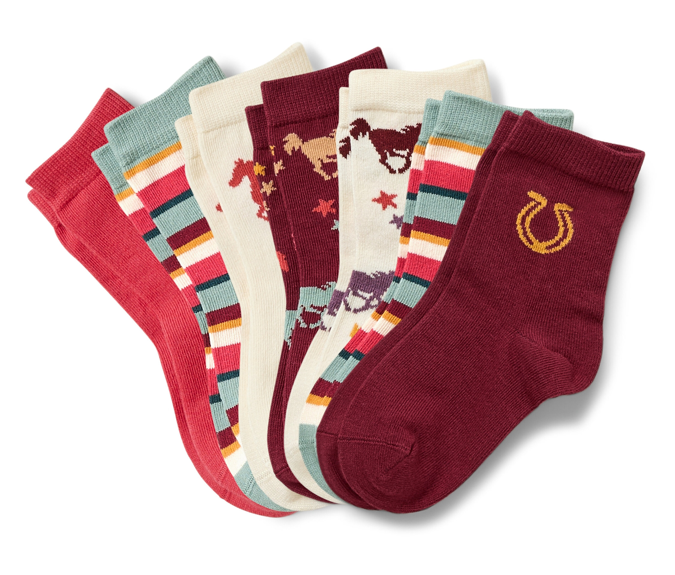 Ein Set aus sechs Paar Socken in verschiedenen Farben und Mustern.