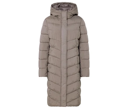Beige, gesteppte Daunenjacke mit Kapuze.