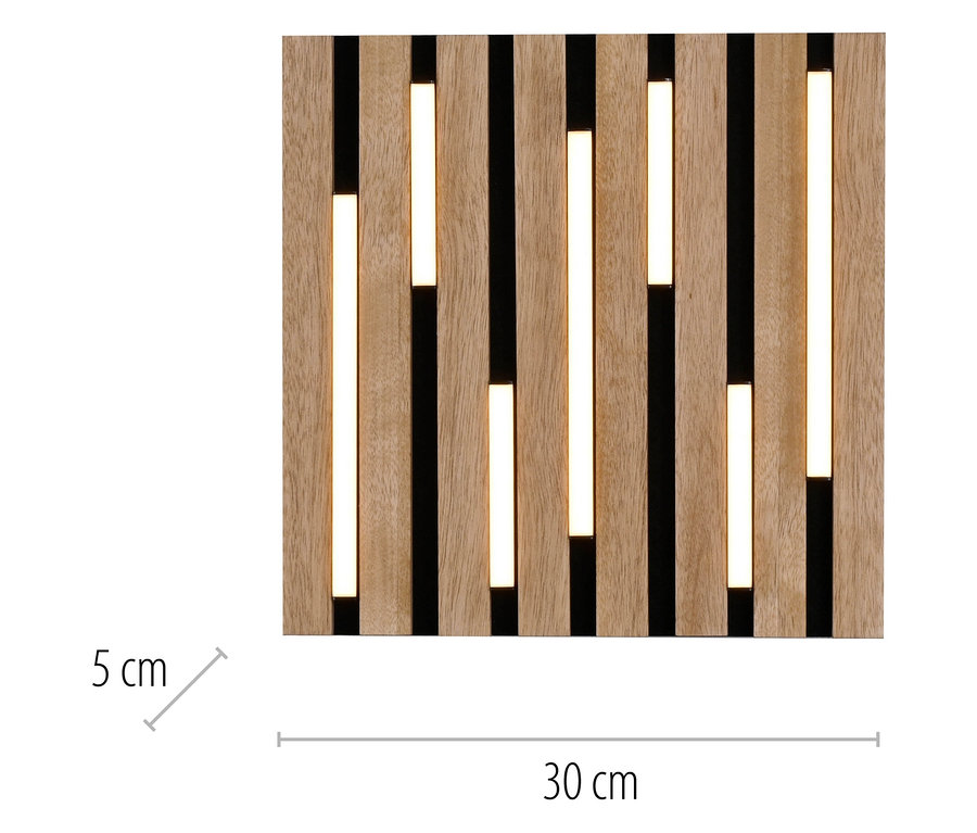 Dekoratives Holzpaneel mit LED-Beleuchtung, Abmessungen 30 x 30 cm.