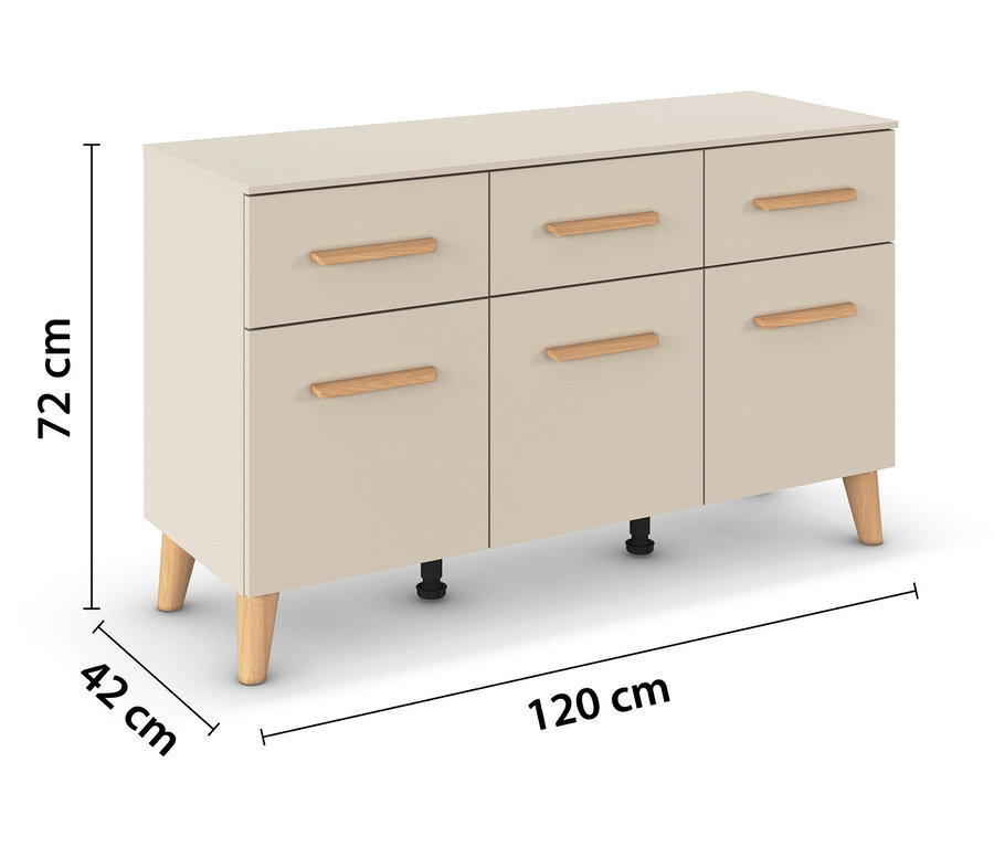 Beige Kommode mit sechs Schubladen und Holzfüßen.