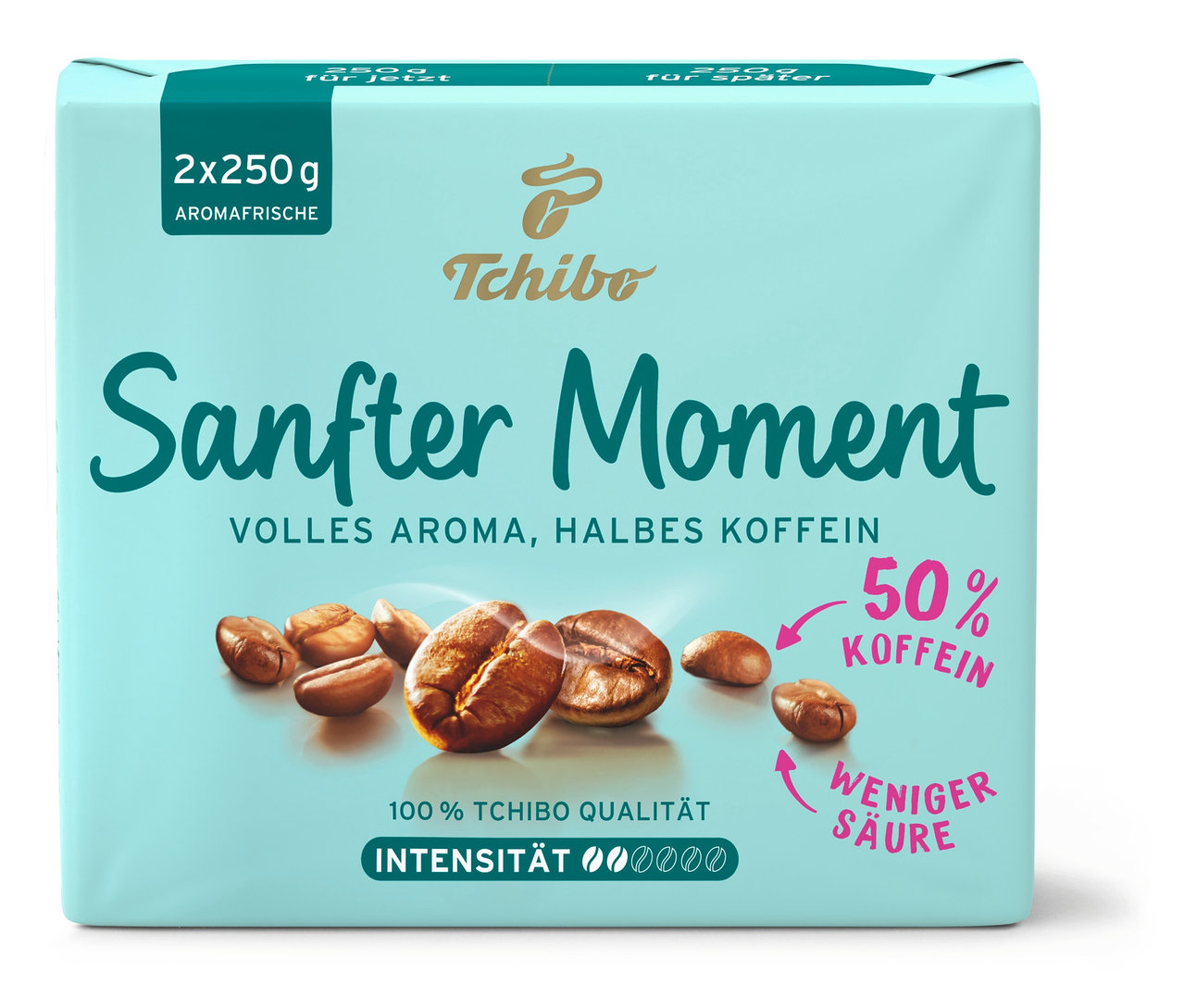 Eine Packung Sanfter Moment - 500 g Gemahlen Kaffee von Tchibo. Beschreibung: Hellblaue Packung mit Kaffeebohnen.