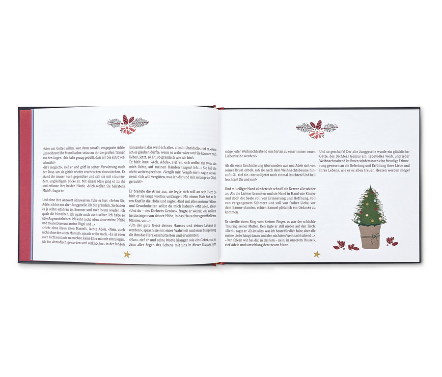 Aufgeschlagenes Buch mit einer Illustration eines Weihnachtsbaums und Text.