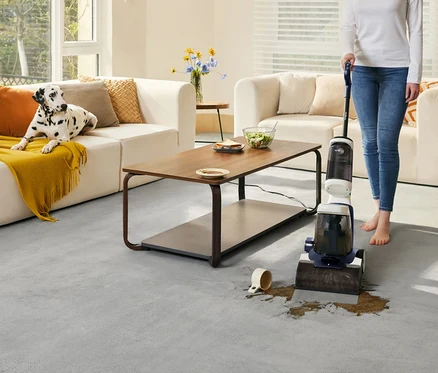 Frau benutzt Tineco Teppichreiniger iCarpet auf einem Fleck auf dem Teppich im Wohnzimmer. Dalmatiner liegt auf dem Sofa.