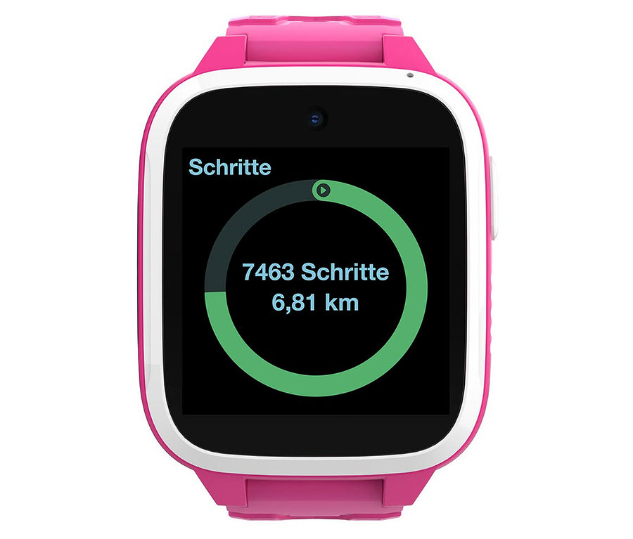 Nahaufnahme einer rosa Kinderuhr Xplora XGO3, deren Zifferblatt die Anzahl der Schritte und die zurückgelegte Distanz anzeigt.