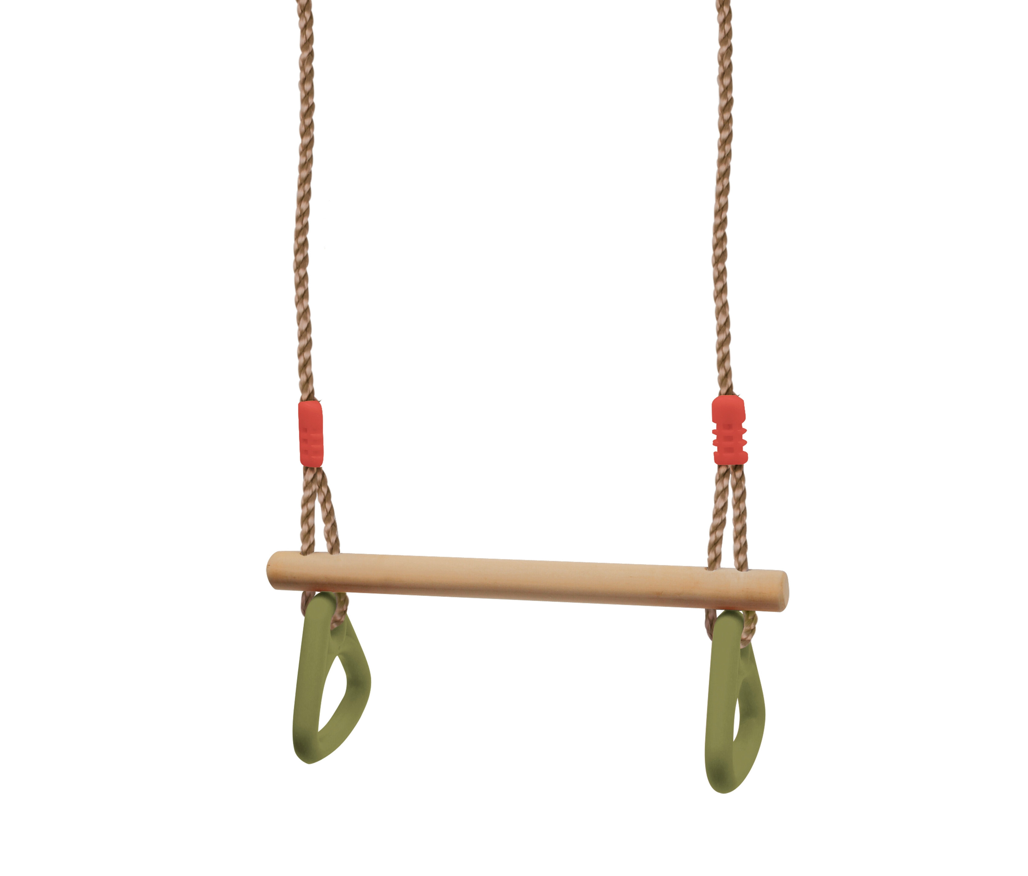 Holztrapez mit grünen Ringen und Seilaufhängung, Produkt ist small foot Trapez mit Turnringen.
