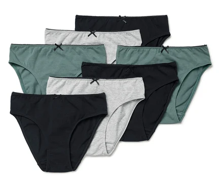 Ein Set aus sieben Damenslips in verschiedenen Farben (Schwarz, Grau und Grün) mit dekorativer Schleife.