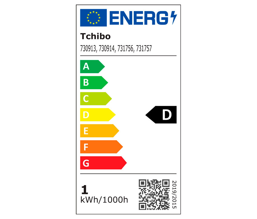 Tchibo Energielabel mit Energieeffizienzklasse D und einem Verbrauch von 1 kWh/1000h.