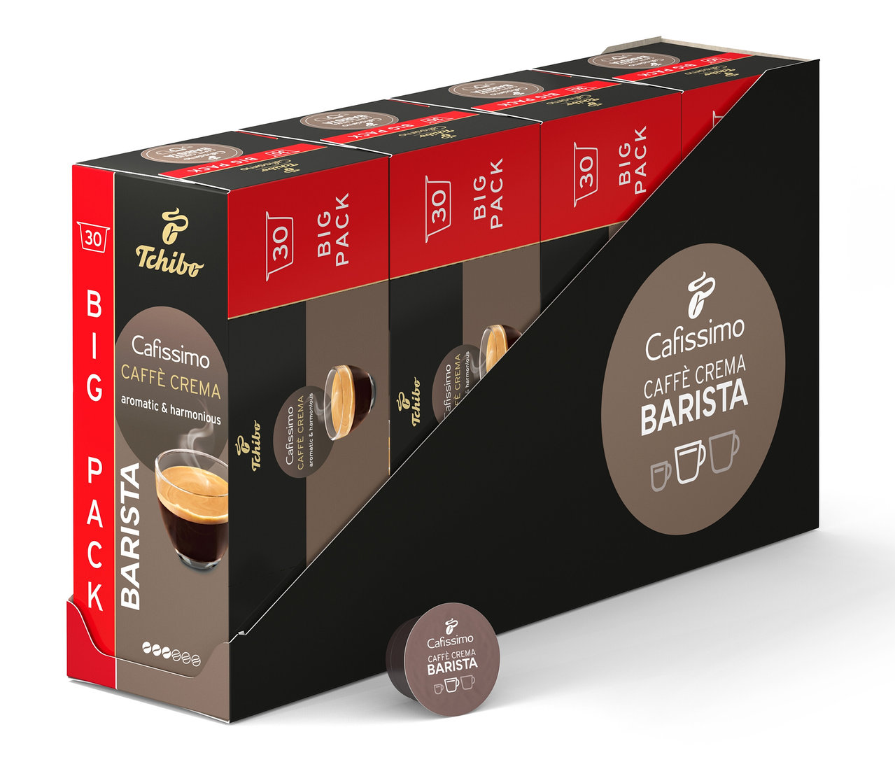 Mehrere Packungen Tchibo Cafissimo Caffe Crema Barista Kaffeekapseln in einer schwarzen Halterung.